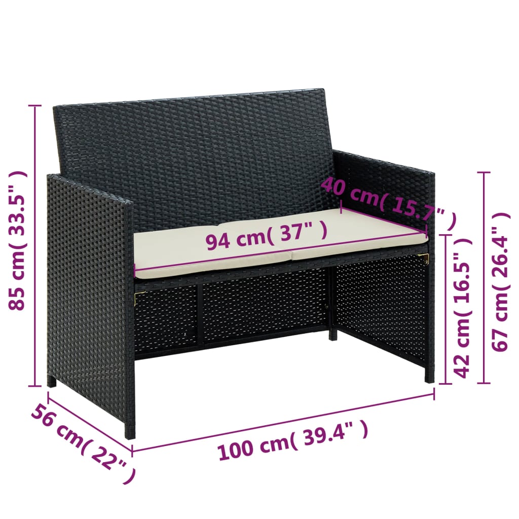 vidaXL 2-osobowa sofa ogrodowa z poduszkami, polirattan, czarna