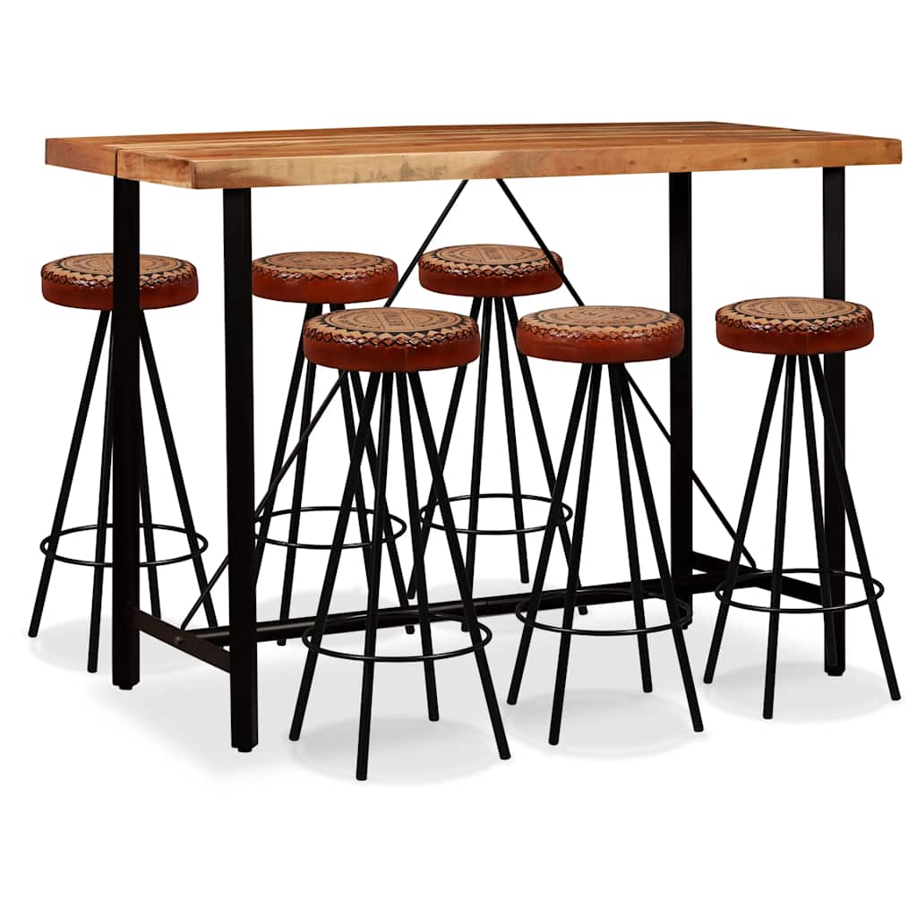 vidaXL Zestaw 7 mebli barowych, drewno akacjowe, skóra i płótno