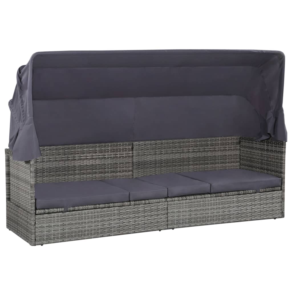 vidaXL Leżanka ogrodowa z zadaszeniem, szara, 205x62 cm, rattan PE