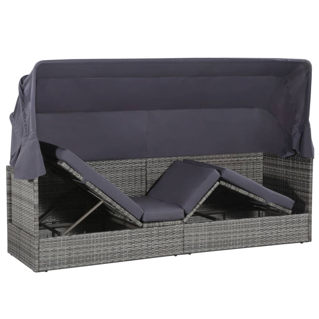 vidaXL Leżanka ogrodowa z zadaszeniem, szara, 205x62 cm, rattan PE
