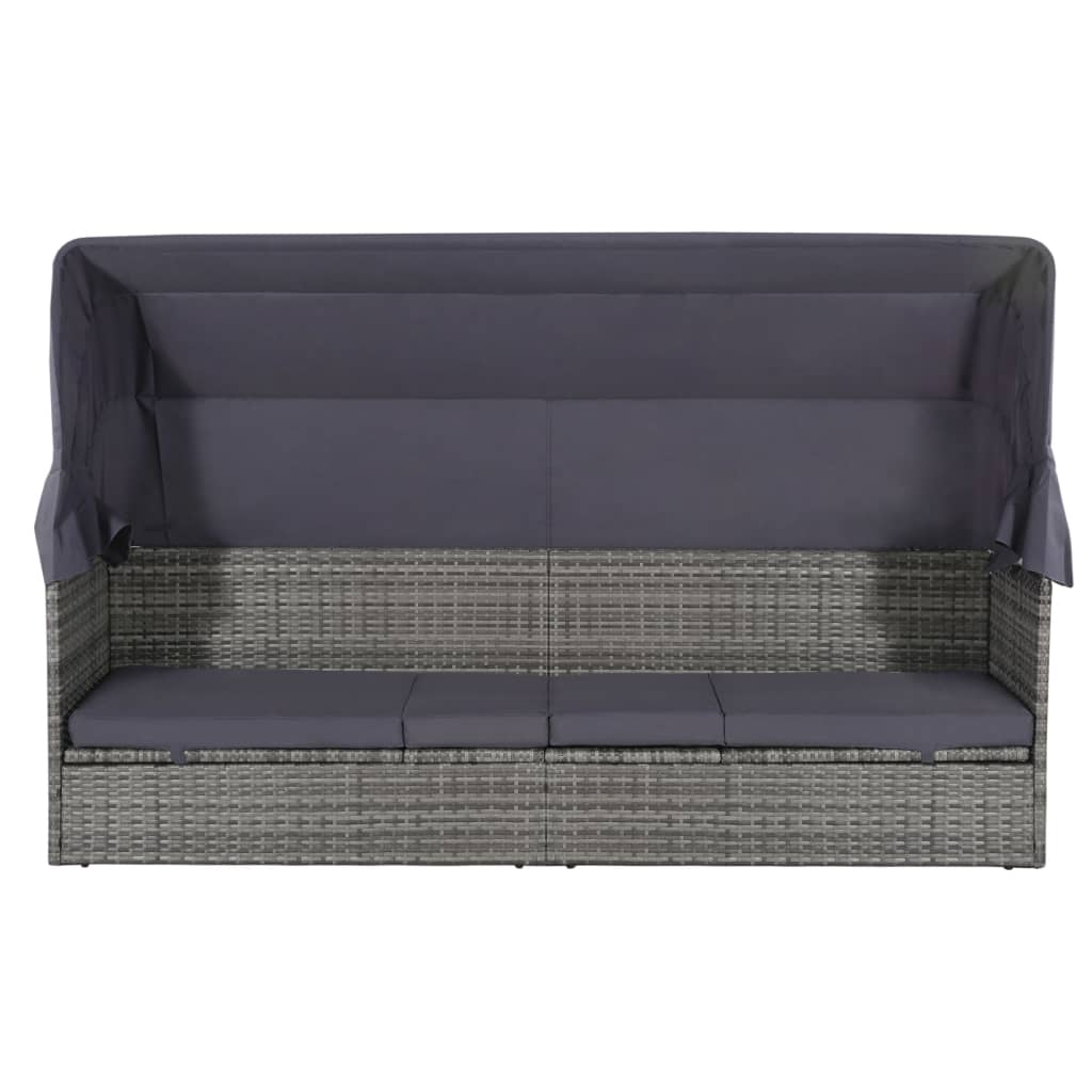 vidaXL Leżanka ogrodowa z zadaszeniem, szara, 205x62 cm, rattan PE