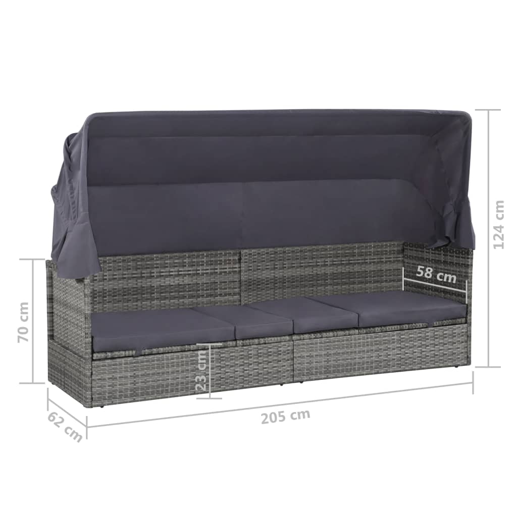vidaXL Leżanka ogrodowa z zadaszeniem, szara, 205x62 cm, rattan PE