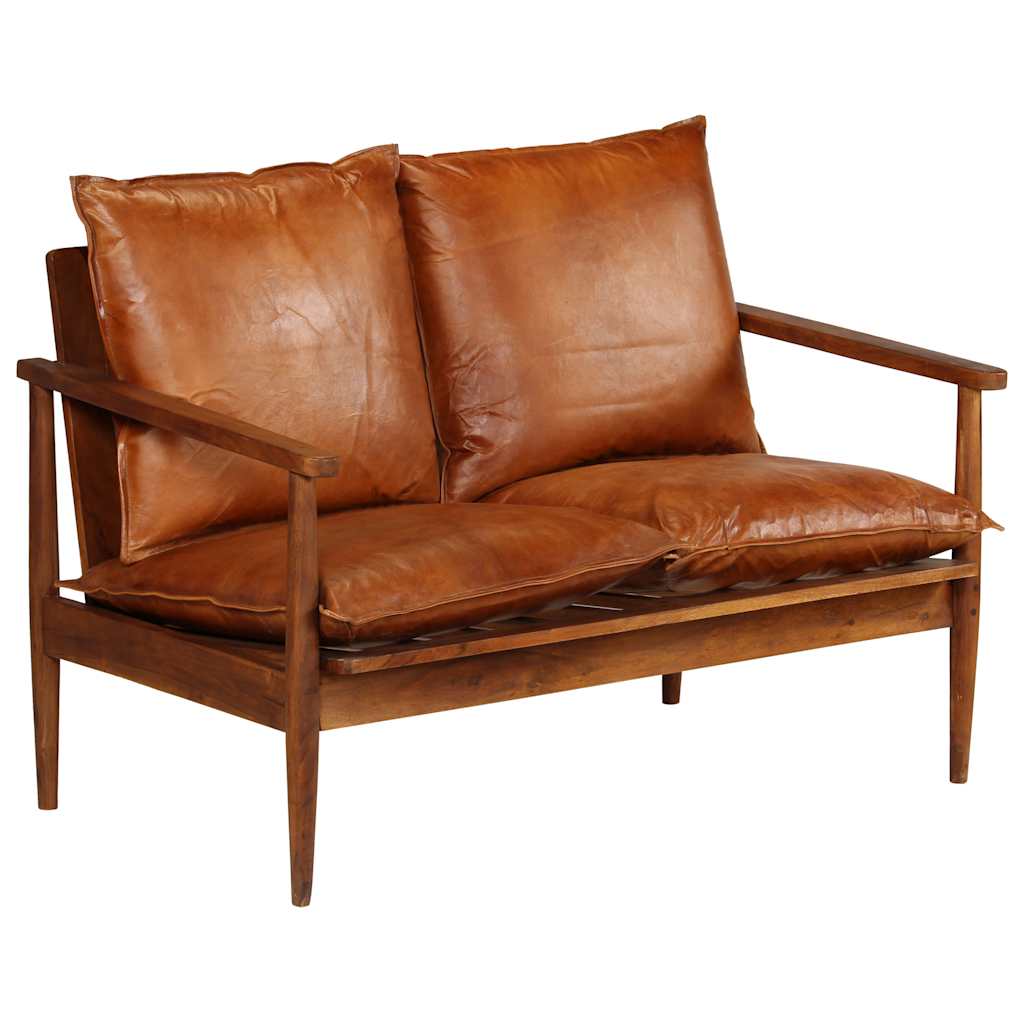 vidaXL 2-osobowa sofa z prawdziwej skóry i drewna akacjowego, brązowa