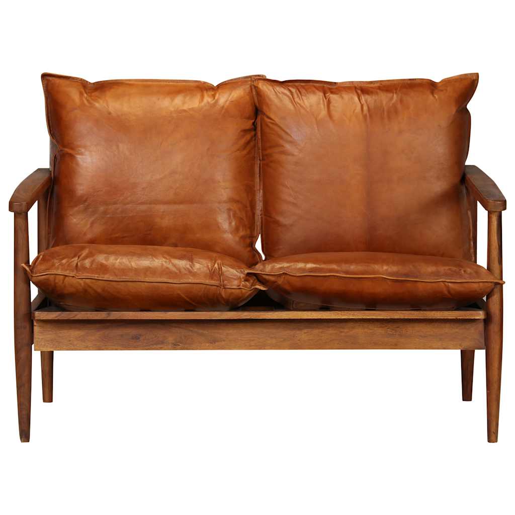 vidaXL 2-osobowa sofa z prawdziwej skóry i drewna akacjowego, brązowa