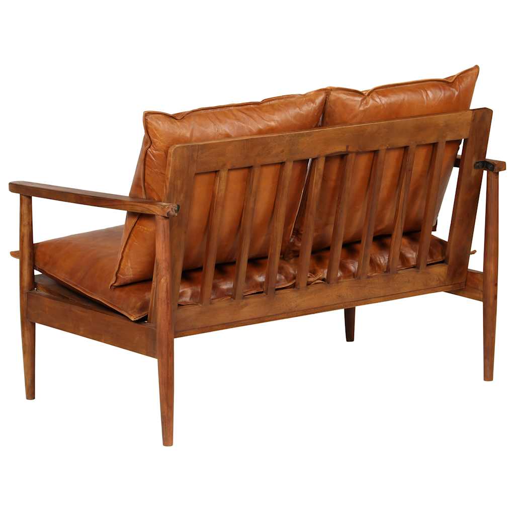 vidaXL 2-osobowa sofa z prawdziwej skóry i drewna akacjowego, brązowa