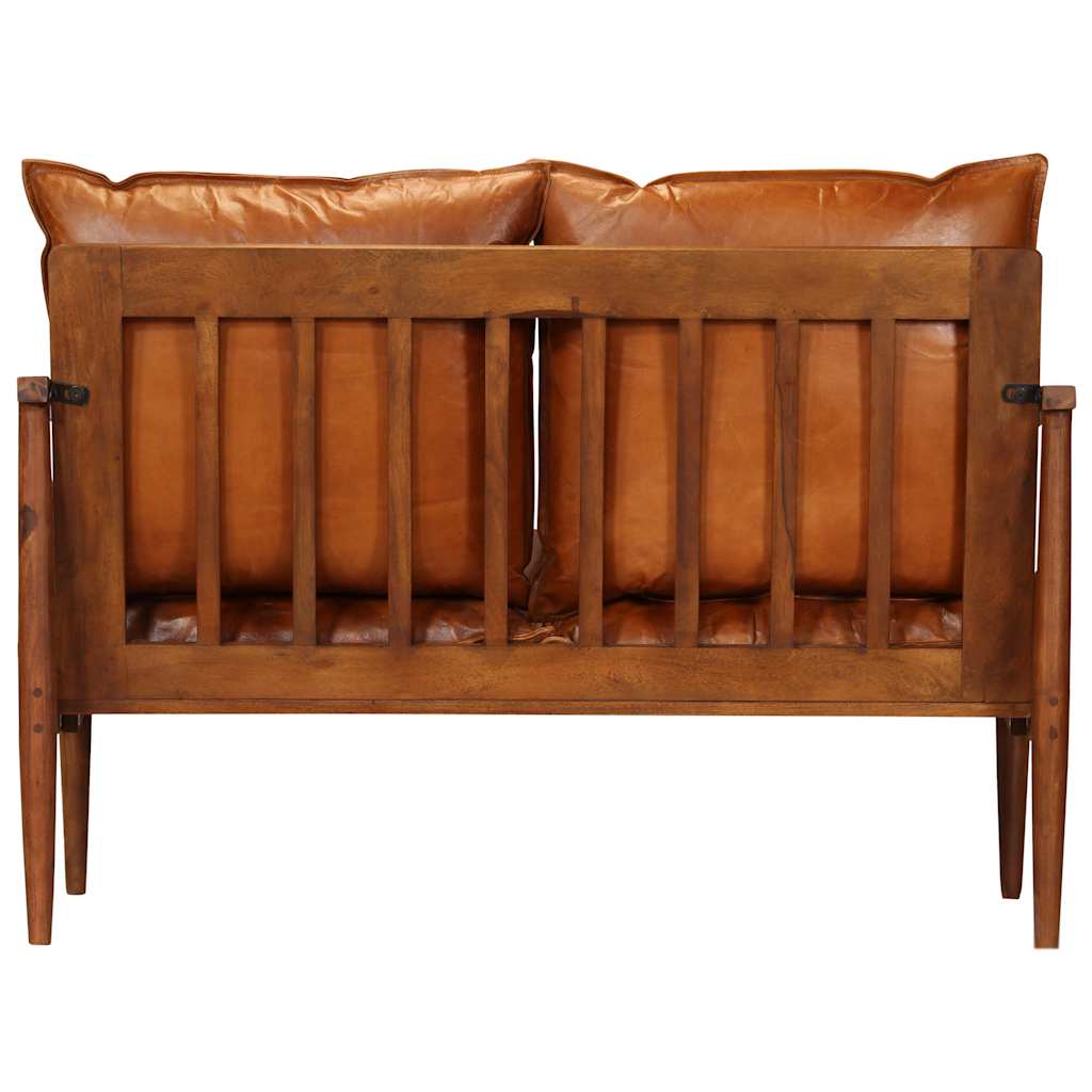 vidaXL 2-osobowa sofa z prawdziwej skóry i drewna akacjowego, brązowa
