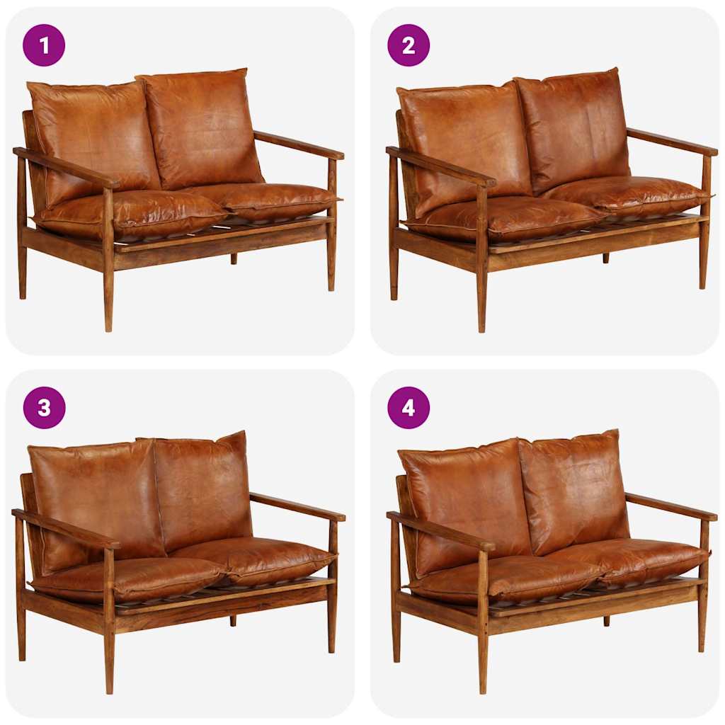 vidaXL 2-osobowa sofa z prawdziwej skóry i drewna akacjowego, brązowa