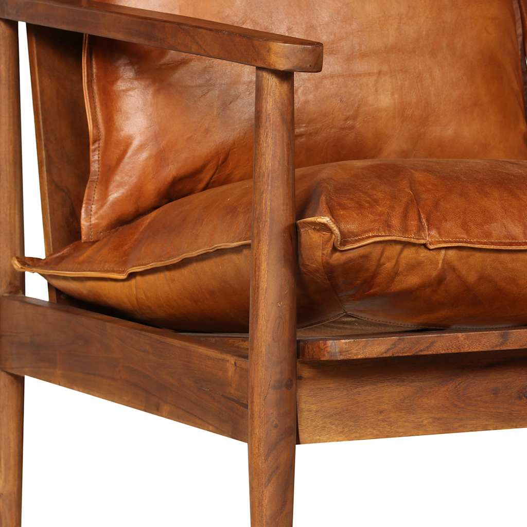 vidaXL 2-osobowa sofa z prawdziwej skóry i drewna akacjowego, brązowa