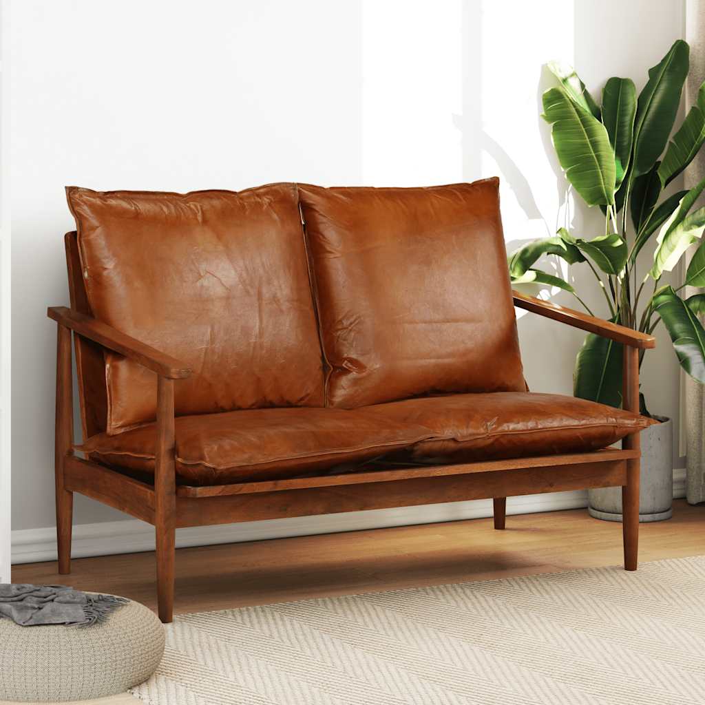 vidaXL 2-osobowa sofa z prawdziwej skóry i drewna akacjowego, brązowa