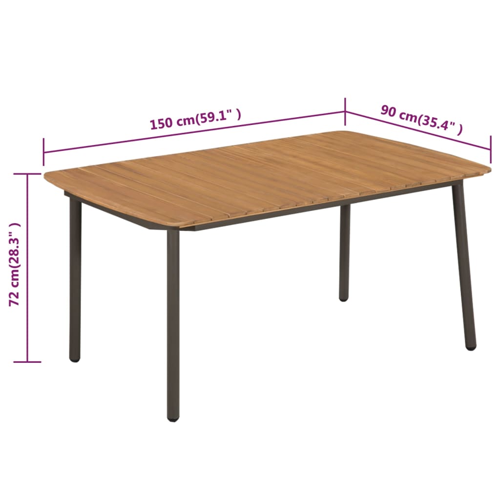 vidaXL Stół ogrodowy, 150x90x72 cm, lite drewno akacjowe i stal