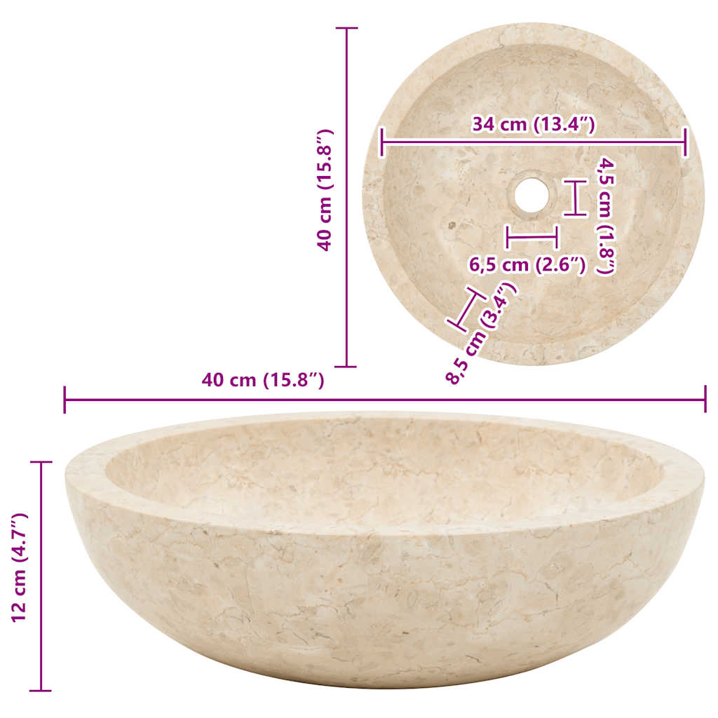 vidaXL Umywalka, 40 x 12 cm, marmurowa, kremowa