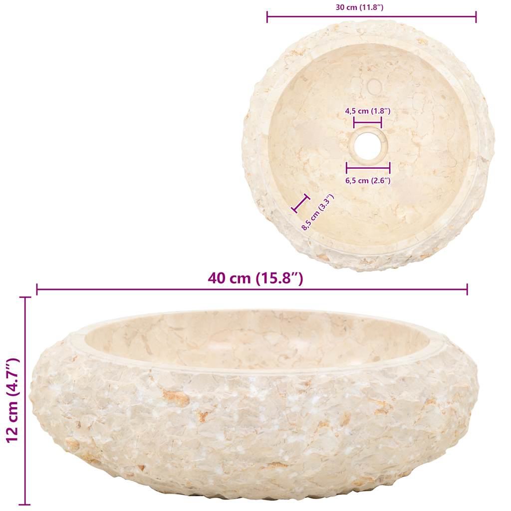 vidaXL Umywalka, 40 x 12 cm, marmurowa, kremowa