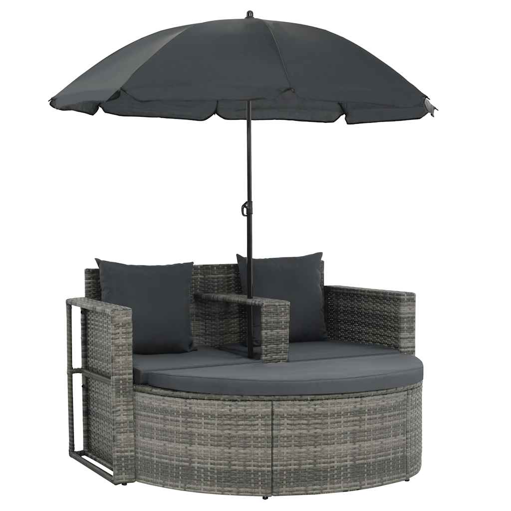 vidaXL 2-osobowa sofa z poduszkami i parasolem, polirattan, szara