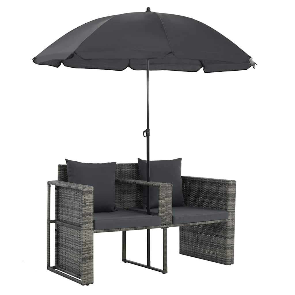 vidaXL 2-osobowa sofa z poduszkami i parasolem, polirattan, szara
