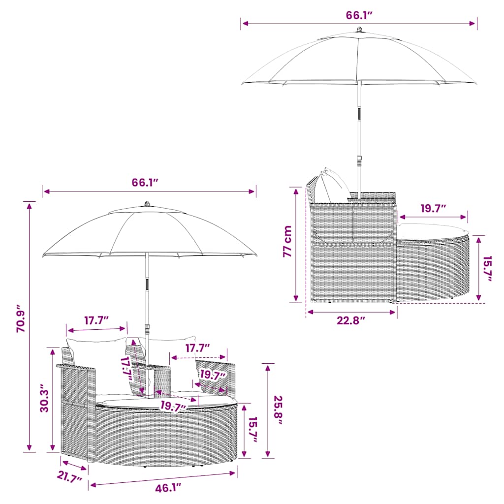 vidaXL 2-osobowa sofa z poduszkami i parasolem, polirattan, szara