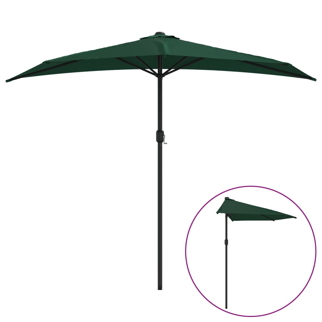 vidaXL Półparasol balkonowy na słupku z aluminium, 270x144 cm, zielony