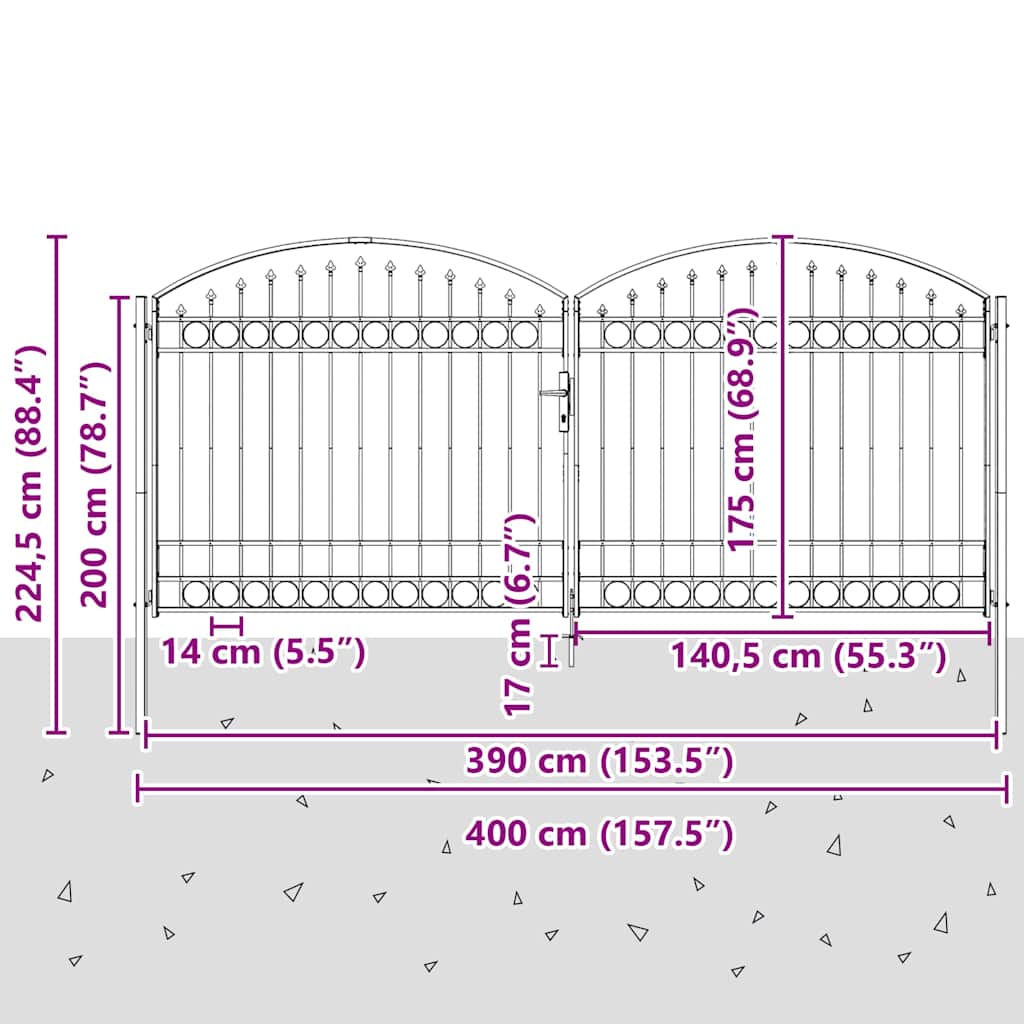 vidaXL Brama ogrodzeniowa ASSEN dwuskrzydłowa z łukowym dachem, stalowa, 400x175 cm
