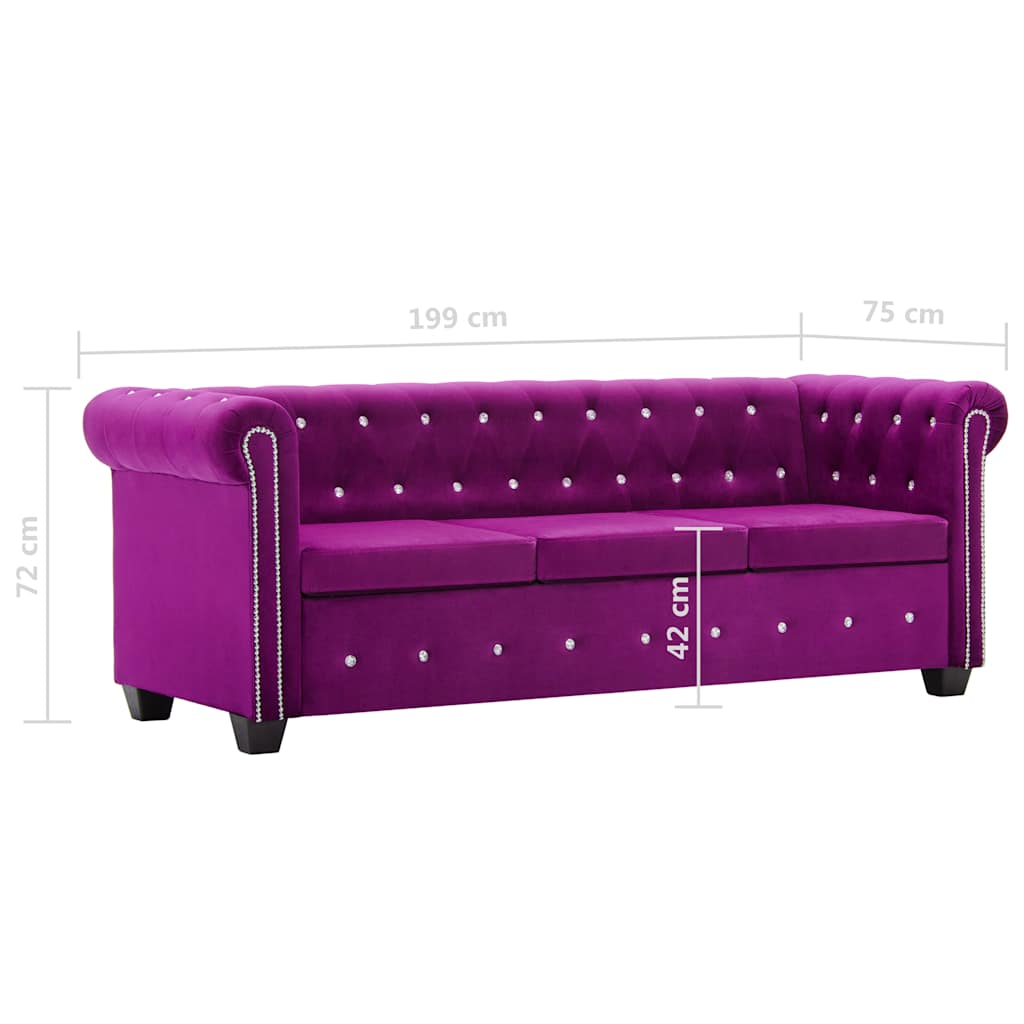 vidaXL Sofa Chesterfield, 3-os., obita aksamitem, 199x75x72 cm, fiolet