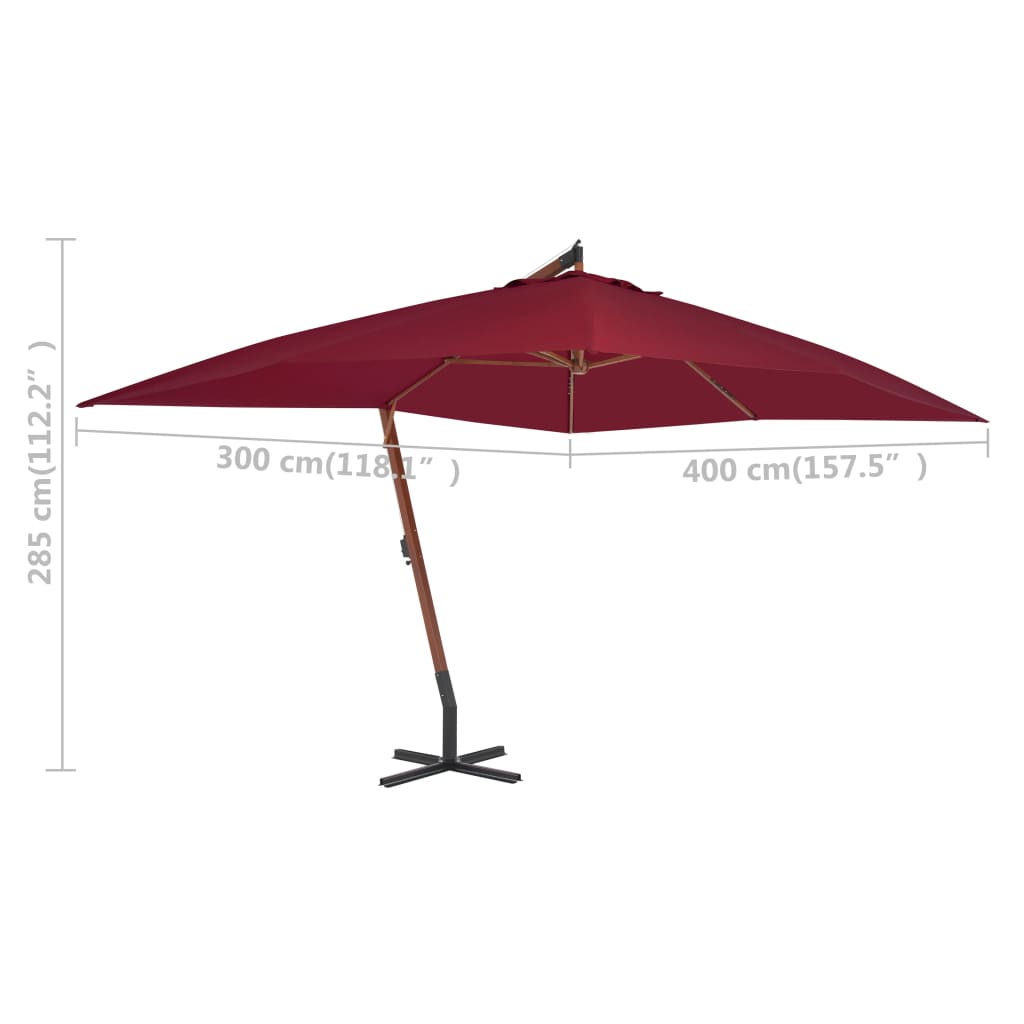 vidaXL Wiszący parasol z drewnianym słupkiem, 400x300 cm, bordowy