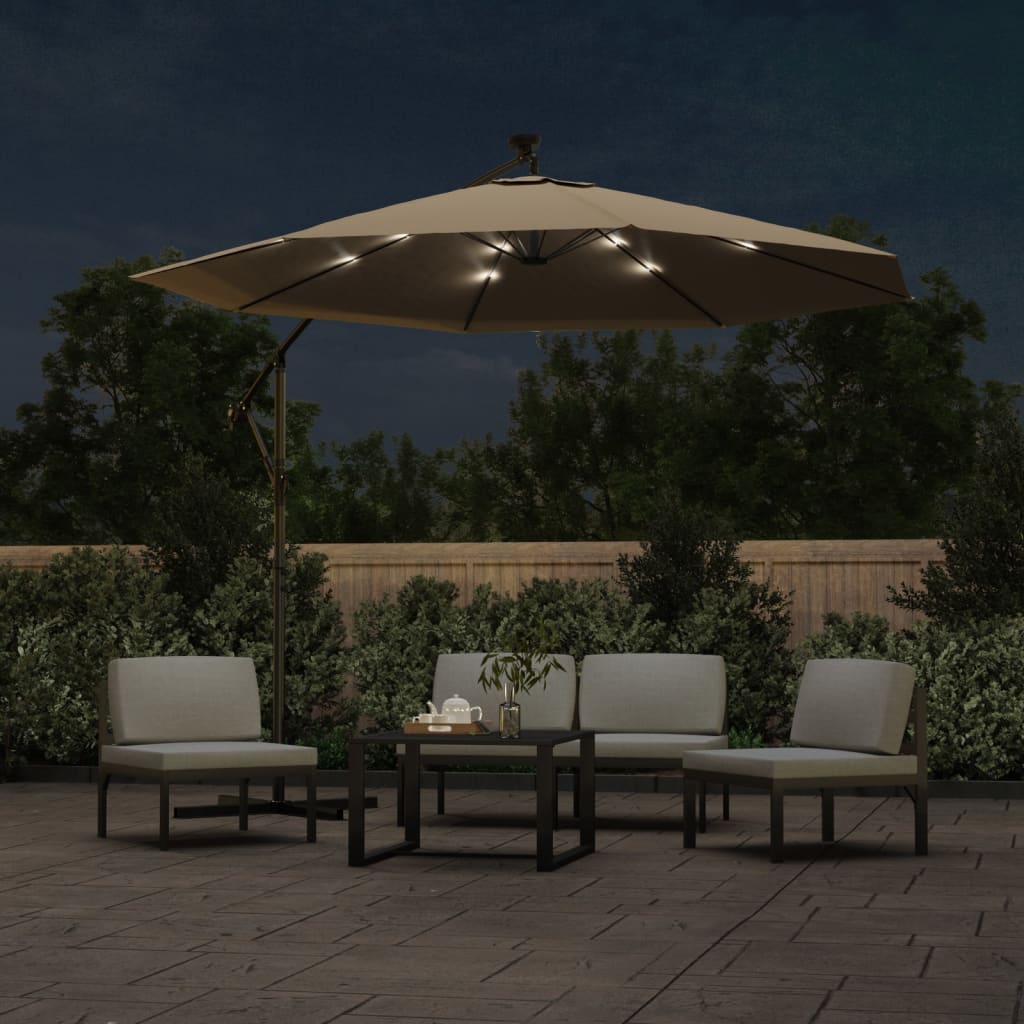 vidaXL Parasol wiszący z LED i stalowym słupkiem, 300 cm, taupe