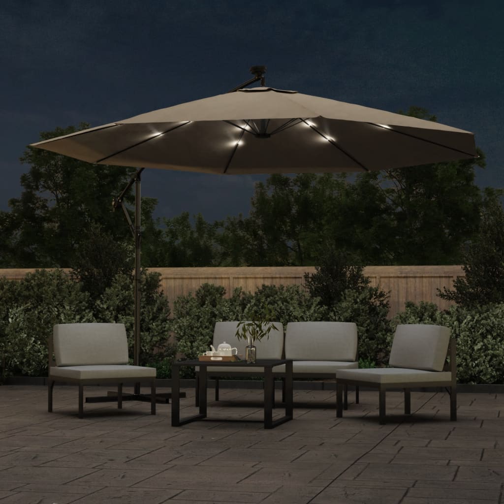 vidaXL Parasol wiszący z LED i metalowym słupkiem, 350 cm, taupe