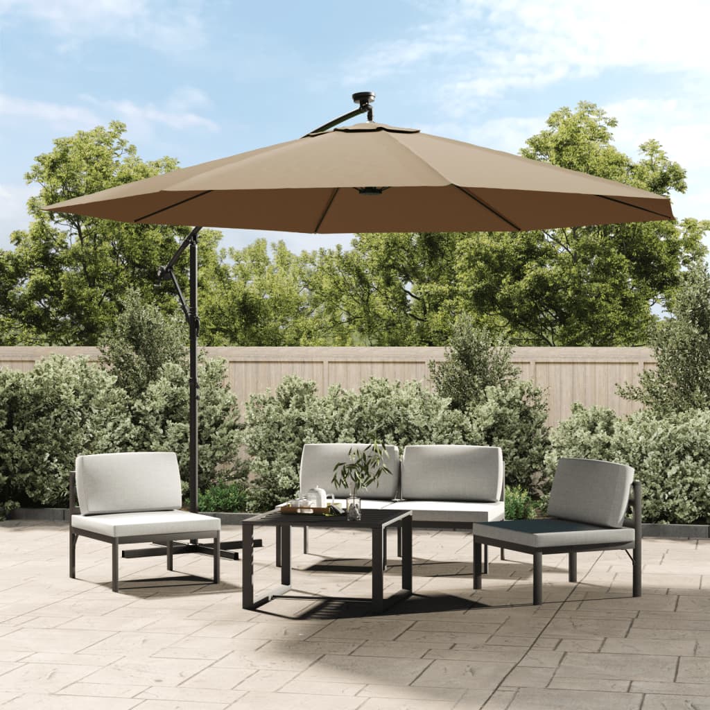 vidaXL Parasol wiszący z LED i metalowym słupkiem, 350 cm, taupe