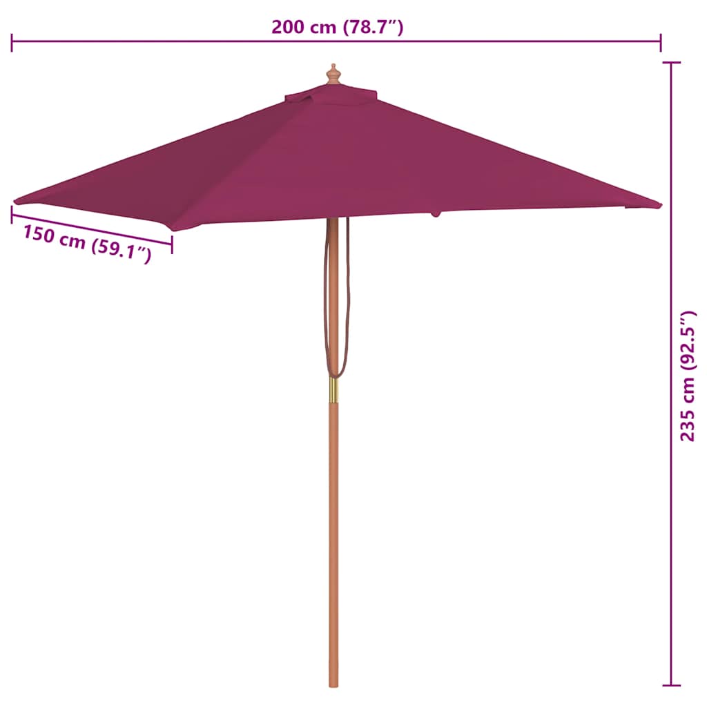vidaXL Parasol ogrodowy na drewnianym słupku, 150 x 200 cm, bordowy