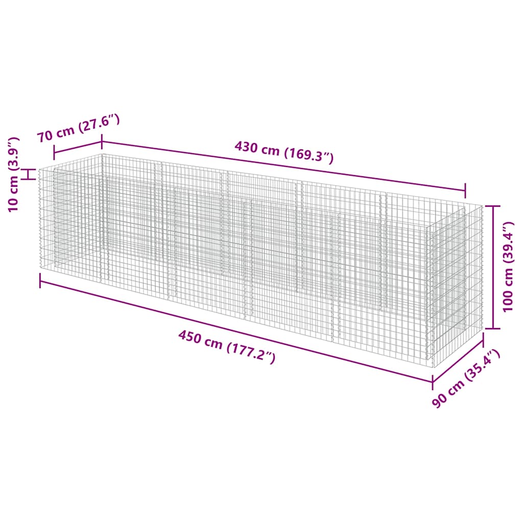 vidaXL Podwyższona donica gabionowa, galwanizowana stal, 450x90x100 cm