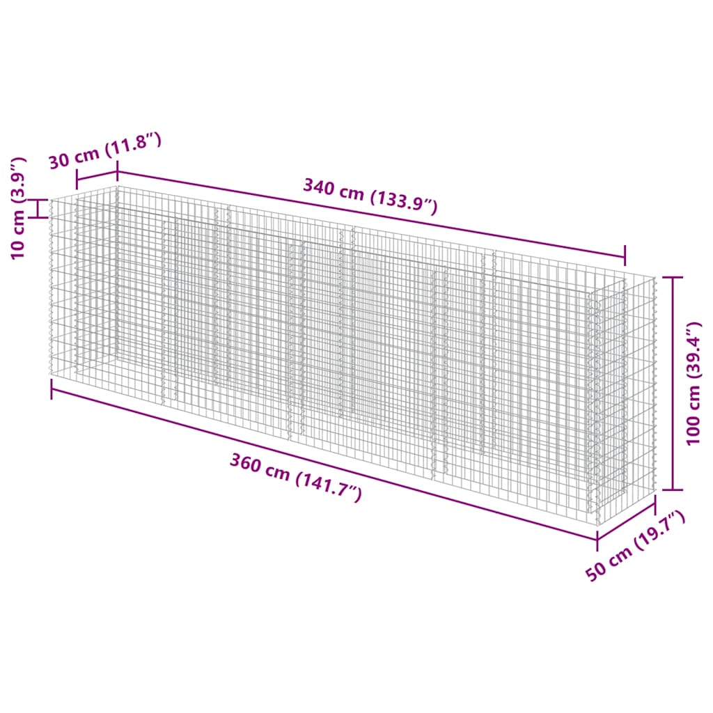 vidaXL Podwyższona donica gabionowa, galwanizowana stal, 360x50x100 cm