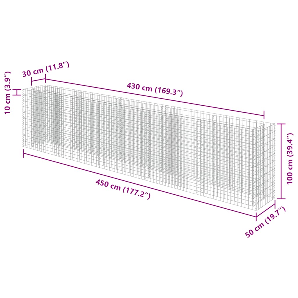 vidaXL Podwyższona donica gabionowa, galwanizowana stal, 450x50x100 cm