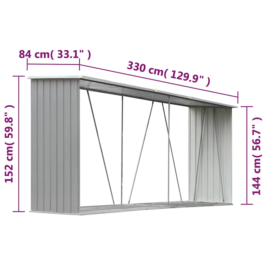 vidaXL Wiata na drewno, stal galwanizowana, 330 x 84 x 152 cm, szara