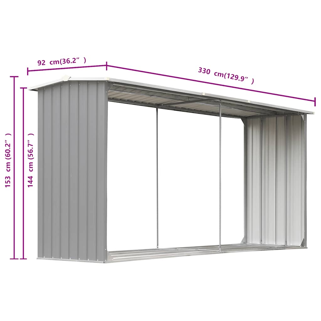 vidaXL Wiata na drewno, stal galwanizowana, 330 x 92 x 153 cm, szara