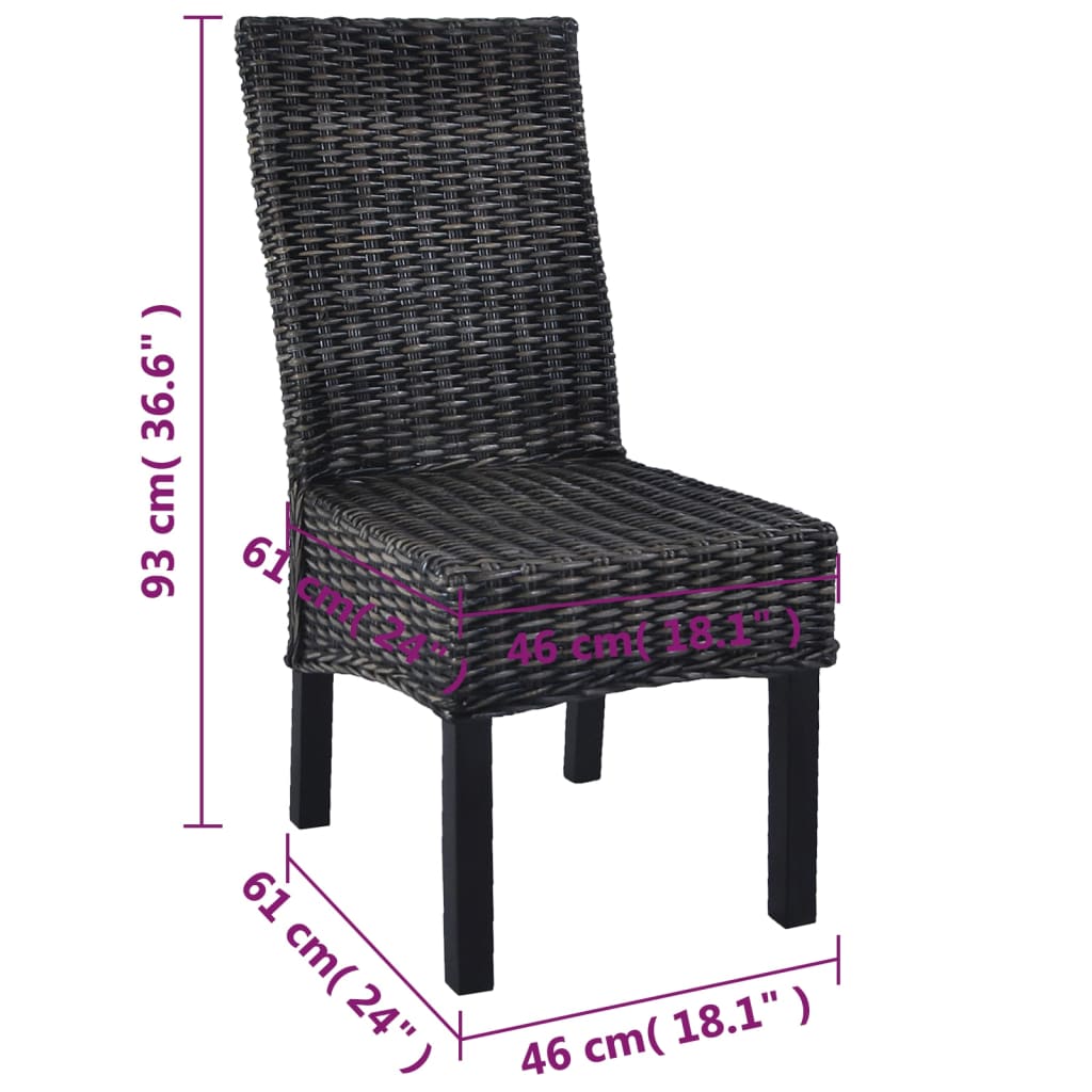 vidaXL Krzesła stołowe, 6 szt., czarne, rattan Kubu i drewno mango