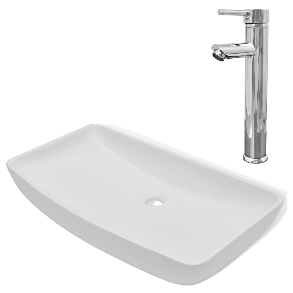 vidaXL Umywalka z baterią mieszającą, ceramiczna, prostokątna, biała