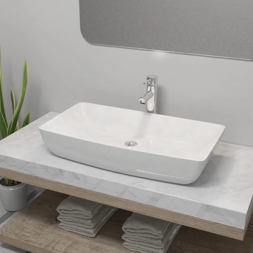vidaXL Umywalka z baterią mieszającą, ceramiczna, prostokątna, biała