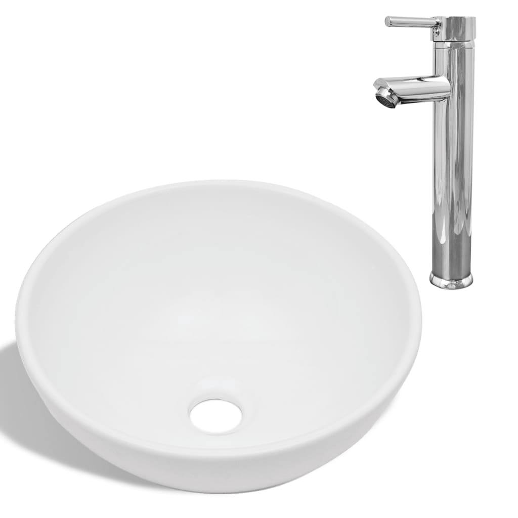 vidaXL Umywalka z baterią mieszającą, ceramiczna, okrągła, biała