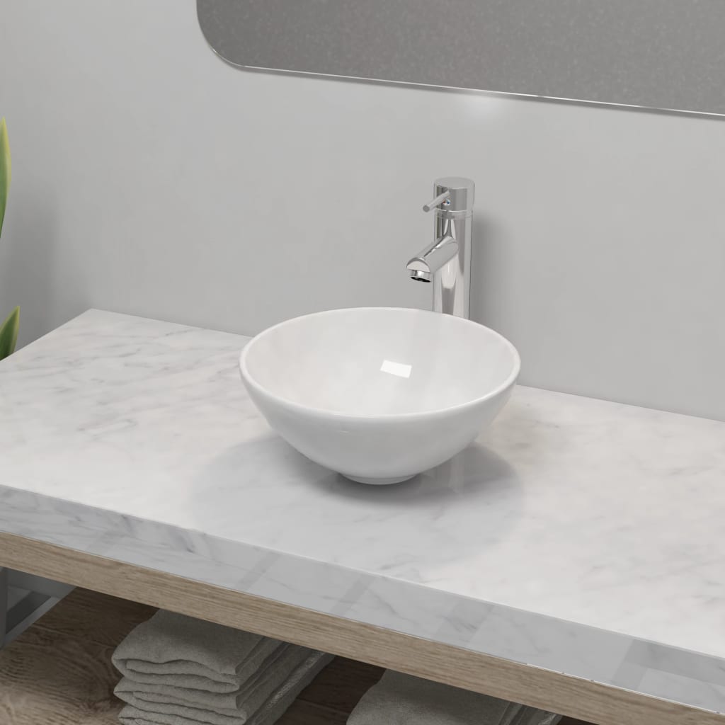 vidaXL Umywalka z baterią mieszającą, ceramiczna, okrągła, biała
