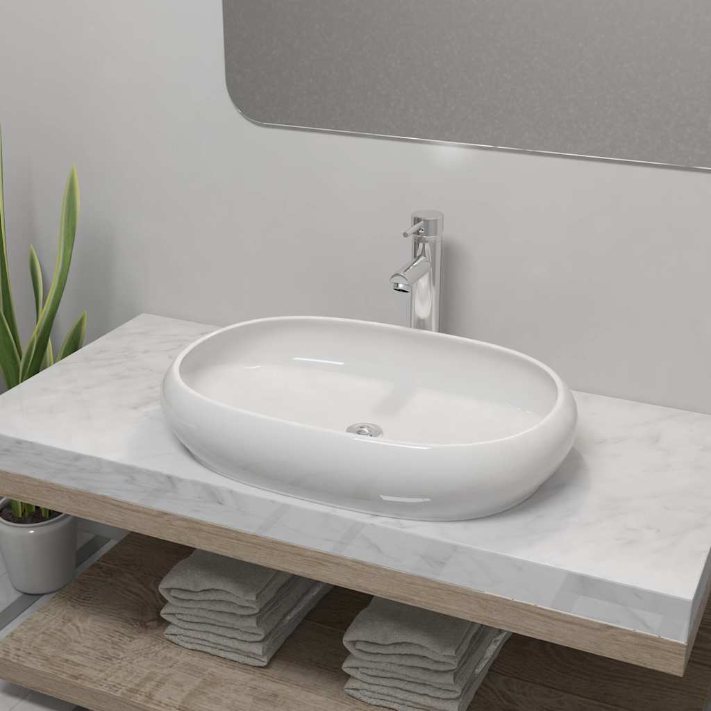 vidaXL Umywalka z baterią mieszającą, ceramiczna, owalna, biała