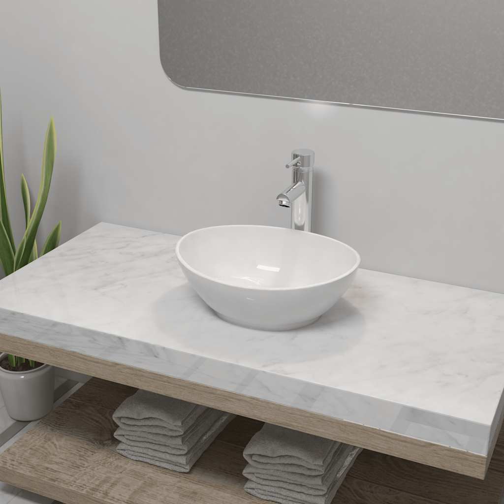 vidaXL Umywalka z baterią mieszającą, ceramiczna, owalna, biała