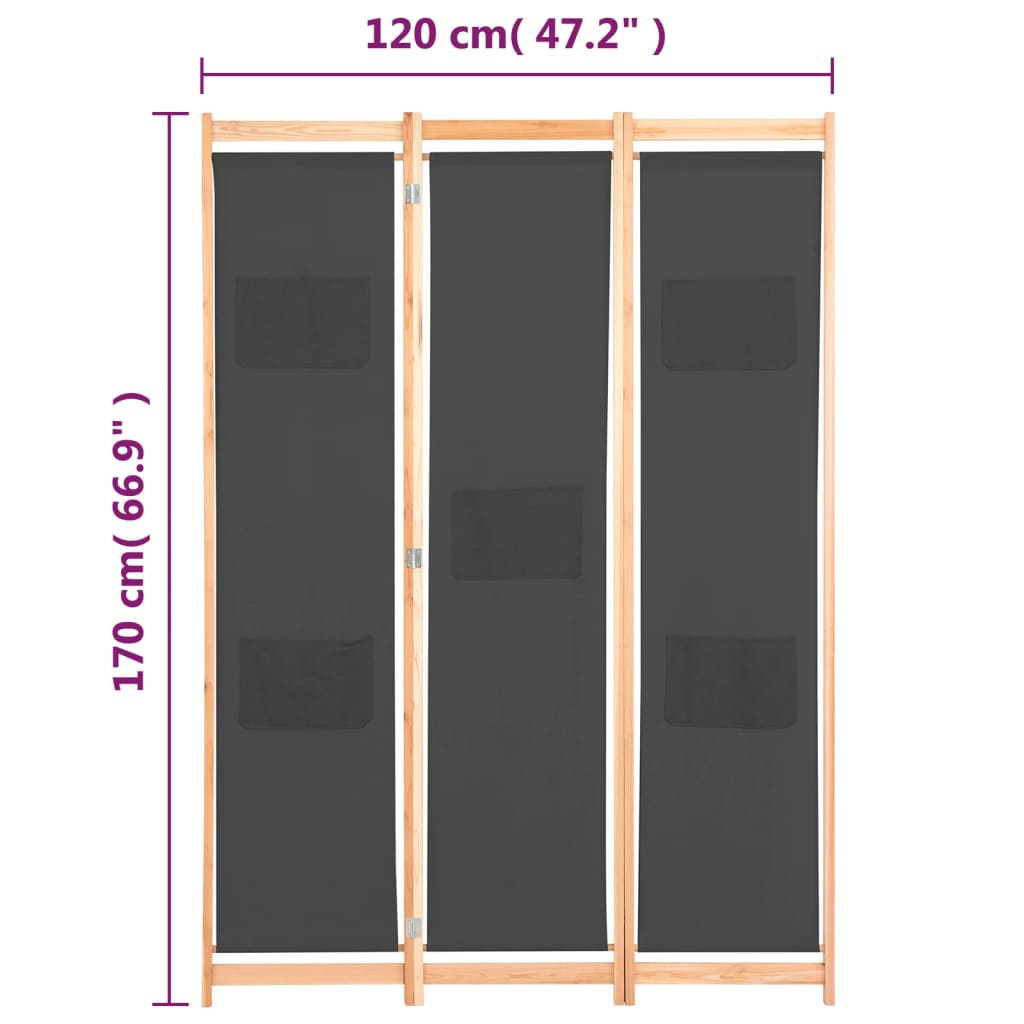 vidaXL Parawan 3-panelowy, szary, 120x170x4 cm, tkanina