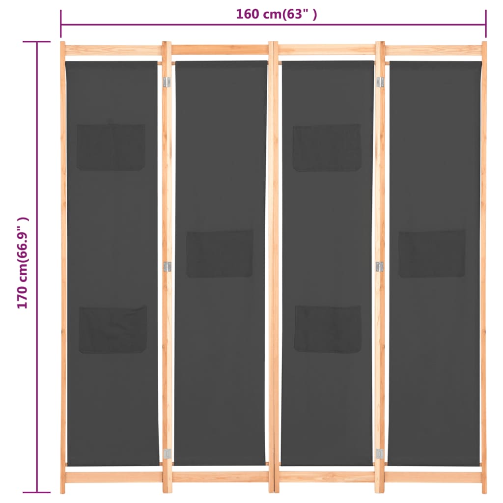 vidaXL Parawan 4-panelowy, szary, 160x170x4 cm, tkanina