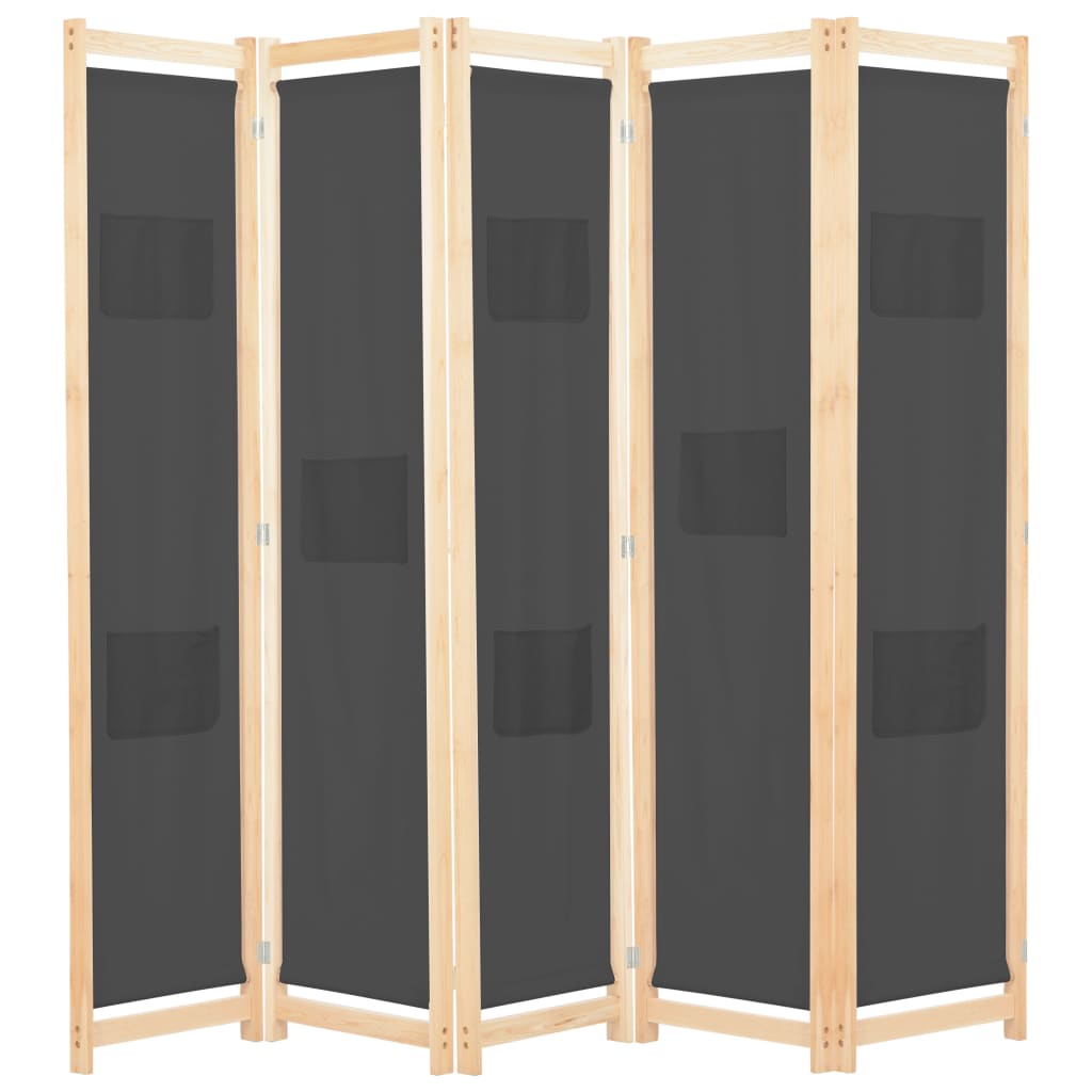 vidaXL Parawan 5-panelowy, szary, 200 x 170 x 4 cm, tkanina