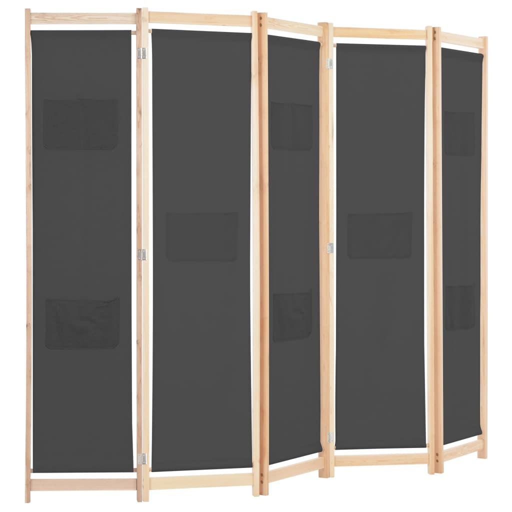 vidaXL Parawan 5-panelowy, szary, 200 x 170 x 4 cm, tkanina