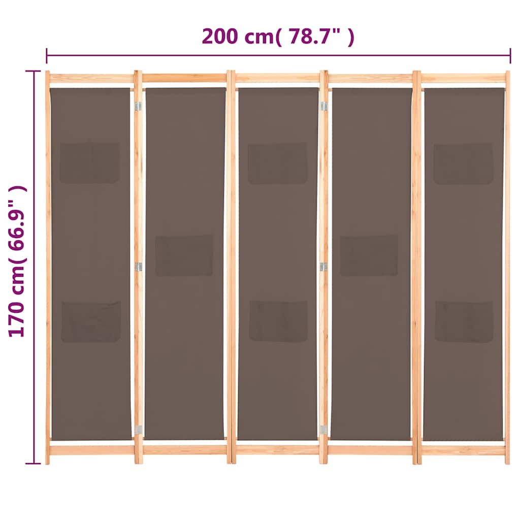 vidaXL Parawan 5-panelowy, brązowy, 200 x 170 x 4 cm, tkanina