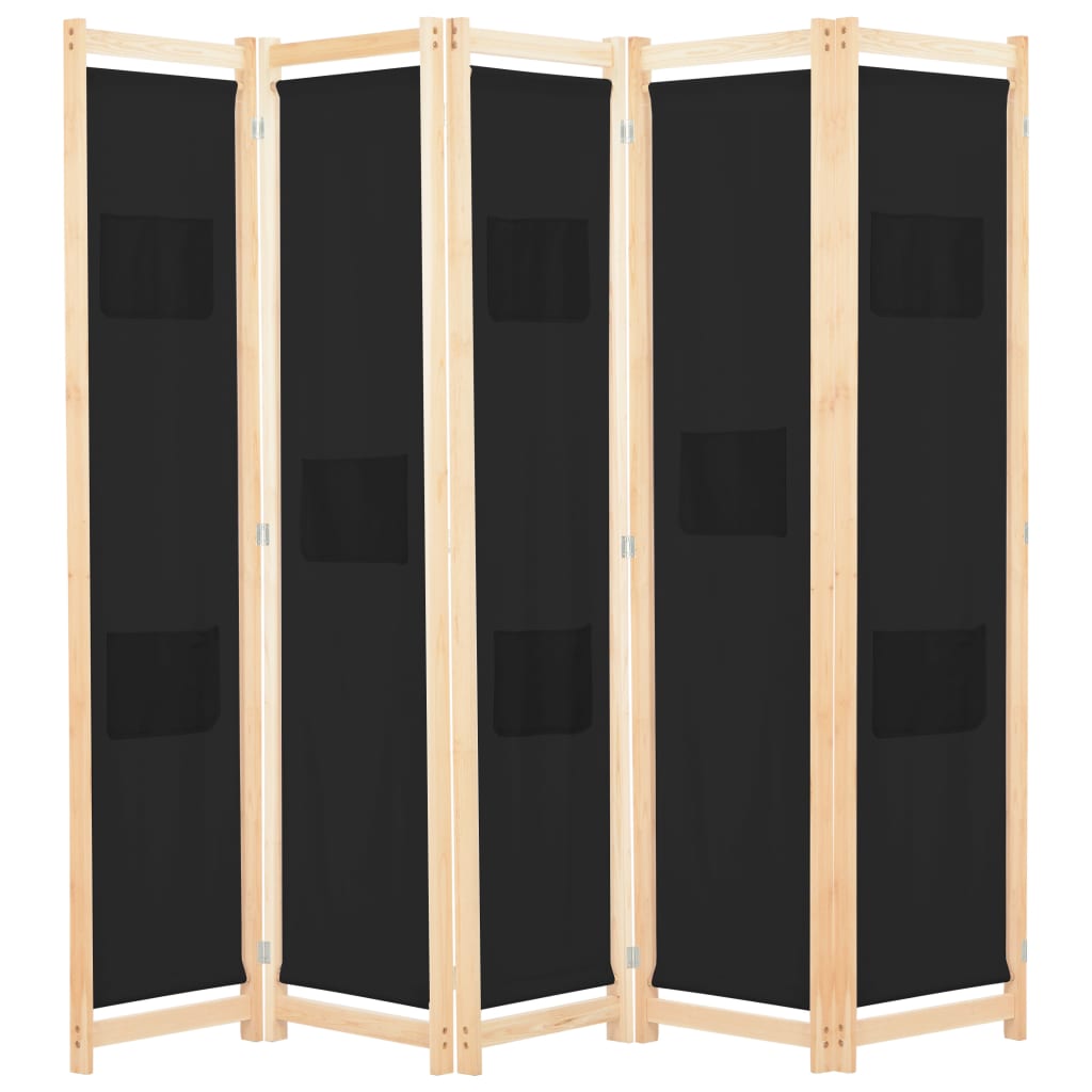 vidaXL Parawan 5-panelowy, czarny, 200 x 170 x 4 cm, tkanina