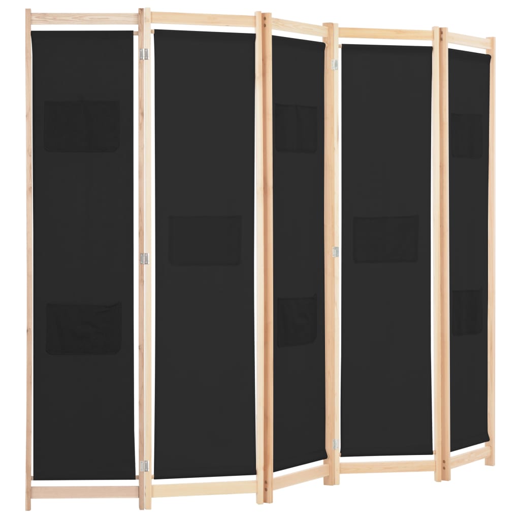 vidaXL Parawan 5-panelowy, czarny, 200 x 170 x 4 cm, tkanina