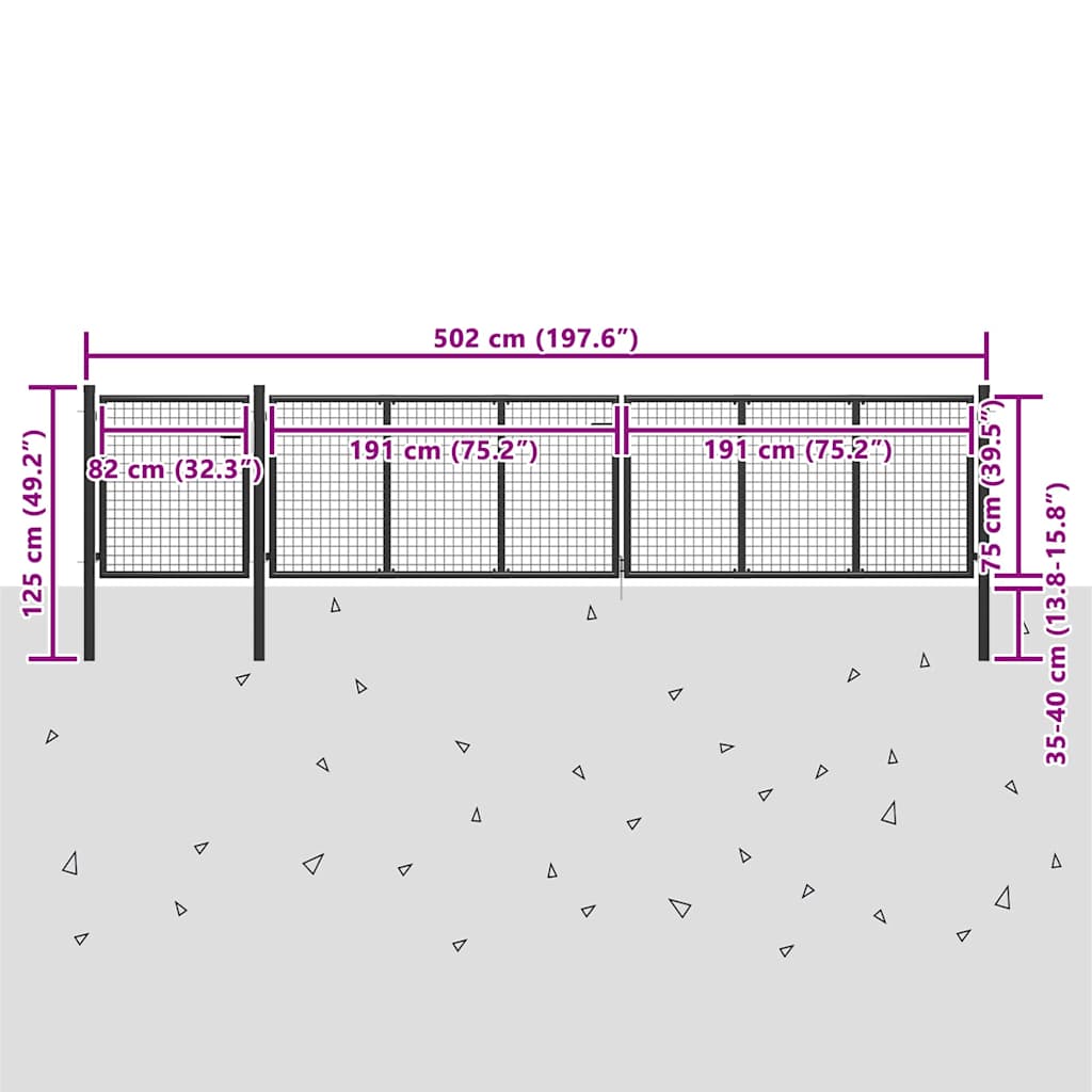vidaXL Brama ogrodzeniowa, stal, 500 x 75 cm, antracytowa
