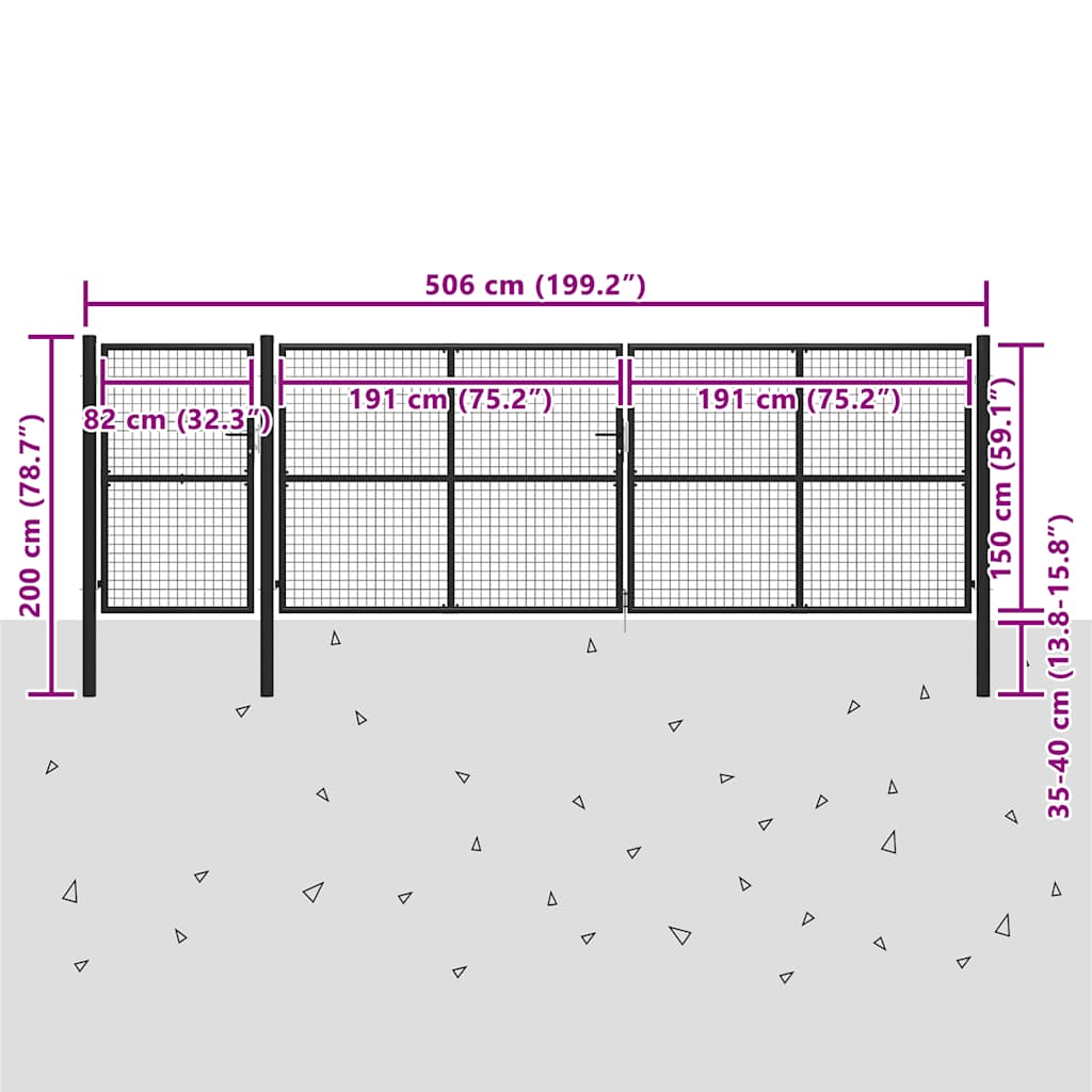 vidaXL Brama ogrodzeniowa, stal, 500 x 150 cm, antracytowa