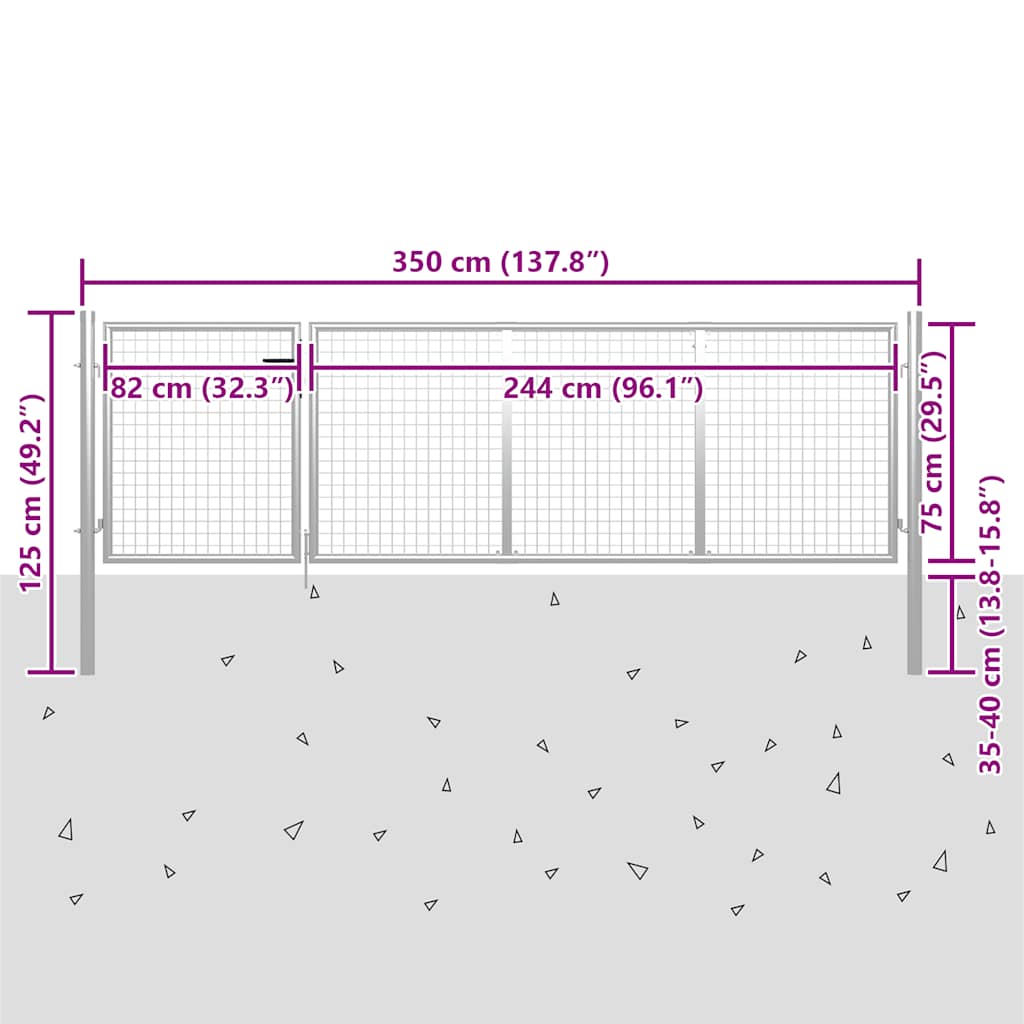 vidaXL Brama ogrodowa stalowa 350x75 cm srebrna