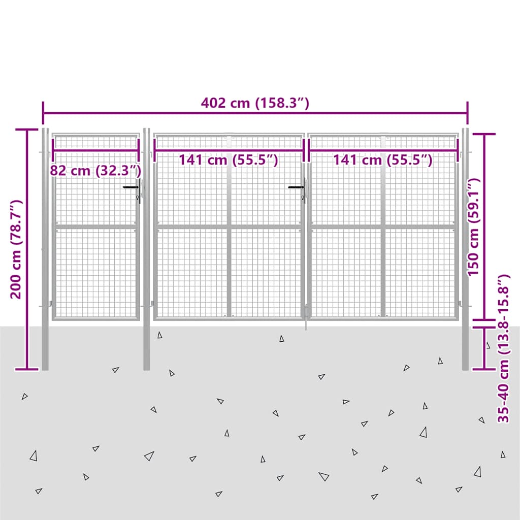 vidaXL Brama ogrodowa stalowa 400x150 cm srebrna